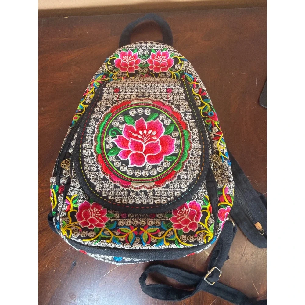 Boho‎ Floral Embroidered Mini Backpack Sling Bag Black Pink Lotus Folk Art